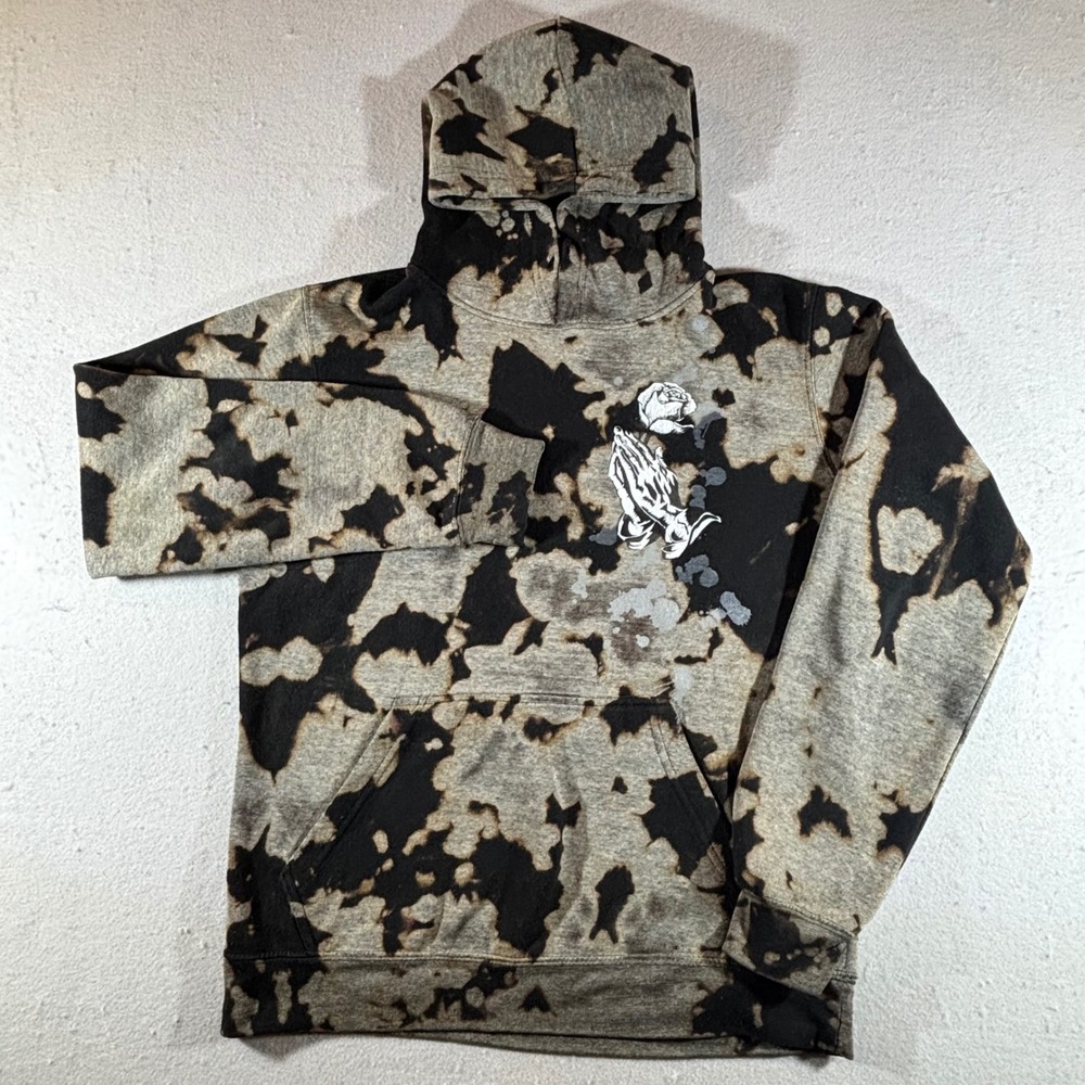 Dikotomy Mens Acid Wash Bleach Hoodie Praying Hands Rose Graphic Black Grey L